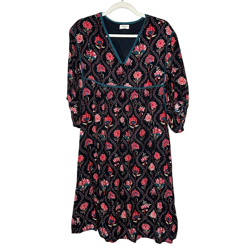 World Market Floral Midi Dress Black Red Pink S/M Viscose Blend Bohemian
